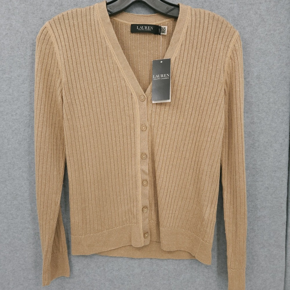 Ralph Lauren Ribbed V Neck Tan Long Sleeve Button Cardigan Womens Size M NWT